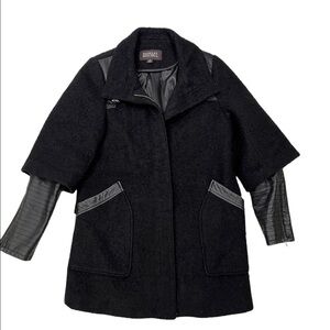 Badgley Mischka Black Boucle Wool and Leather Full Zip Coat.